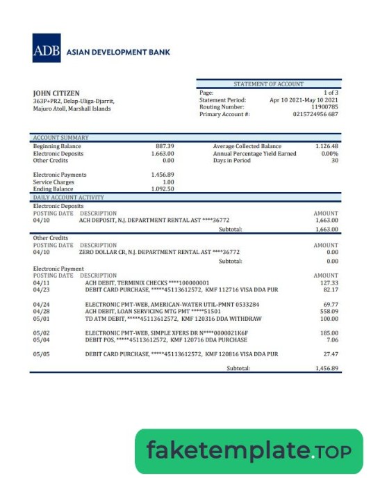 Feature of fake Marshal Islands ADB bank statement